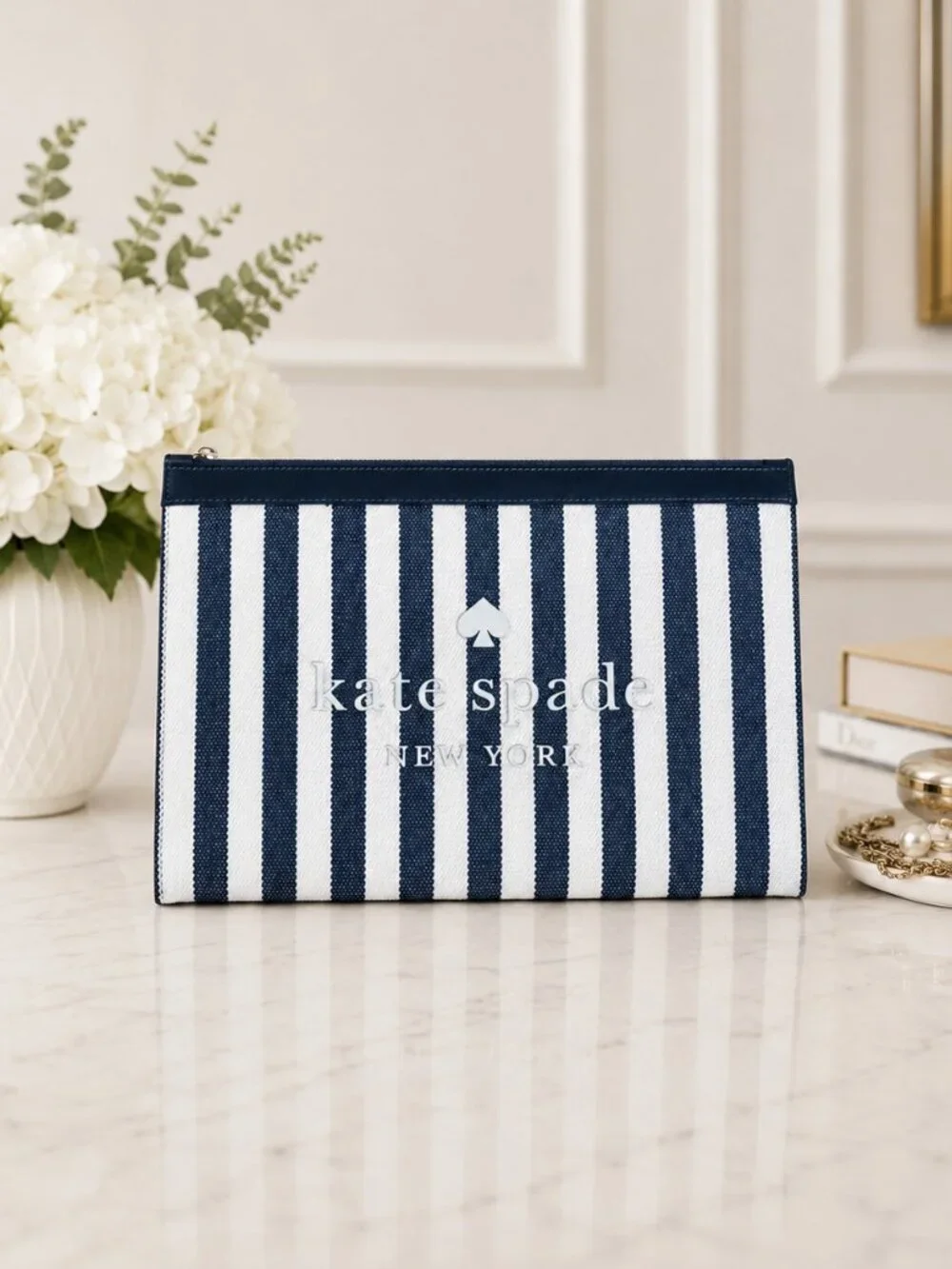 Kate Spade Blue White Stripe Canvas Zip Pouch Leather Trim NWT